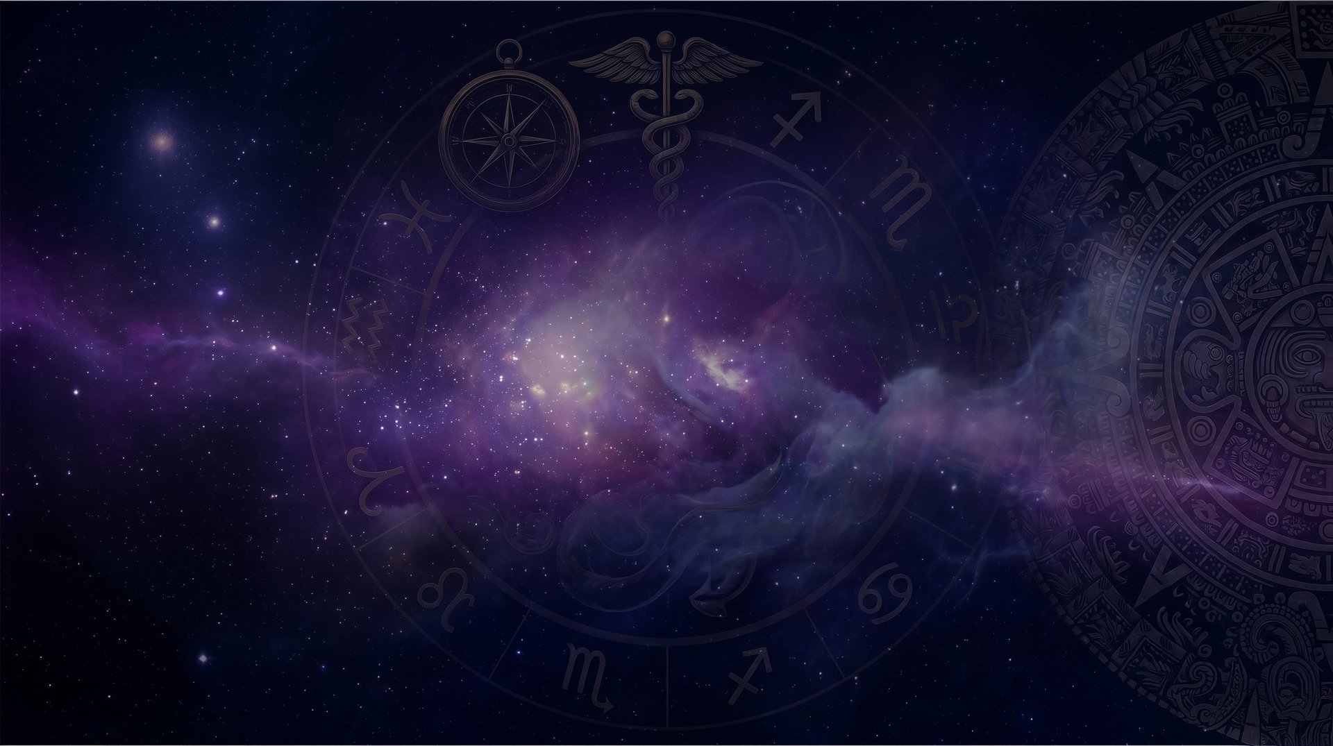 Mystical cosmic background with purple nebula, zodiac symbols, and celestial elements against a dark starry space