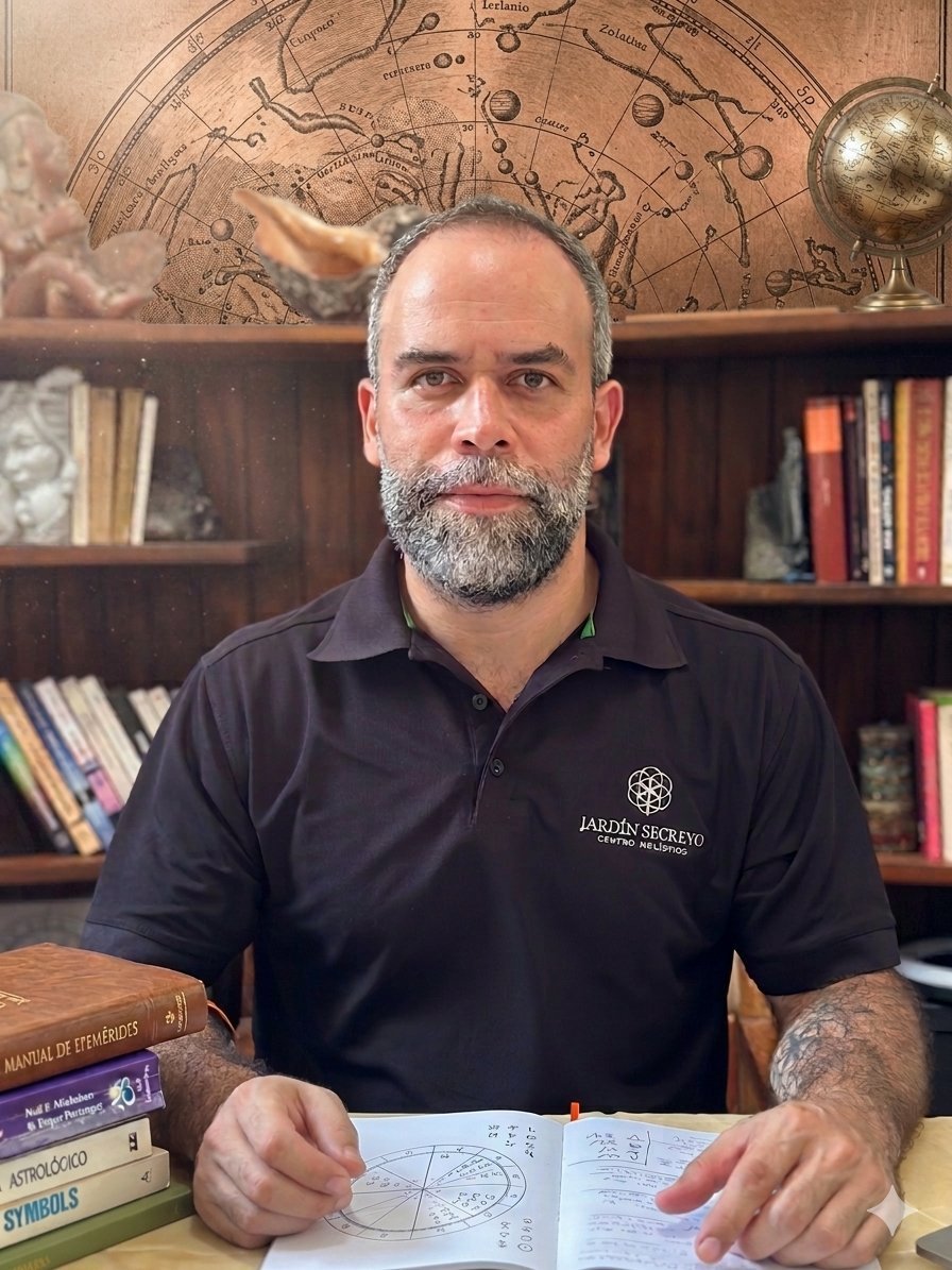 Hombre con barba gris sosteniendo carta astrológica, sentado en escritorio con libros y mapa celestial